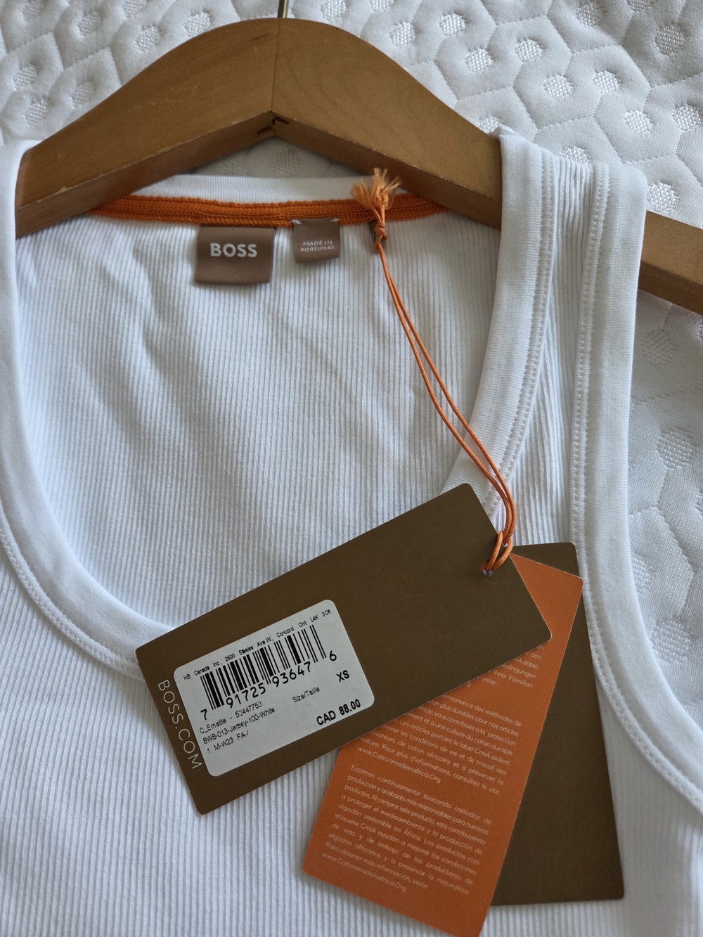 BOSS White Ribbed Tank Top with Orange Trim